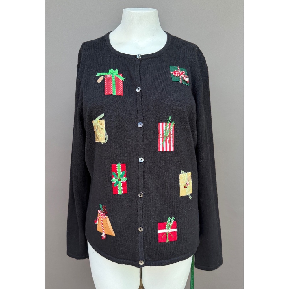 Cambridge Dry Goods XL Christmas Cardigan Black Present Applique Holiday Sweater